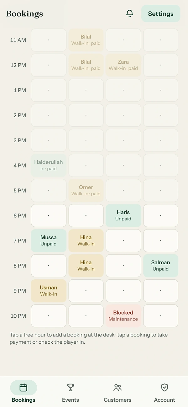 Creek Club's desk in the app: the day across four courts
