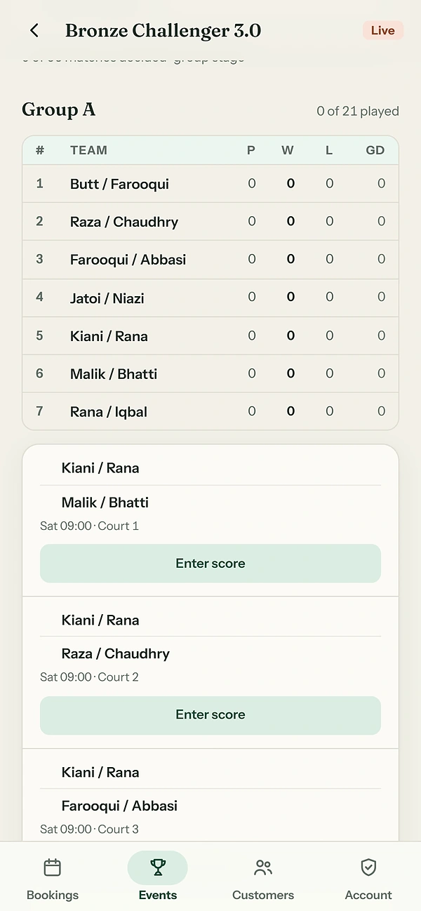 A tournament's group table in the app