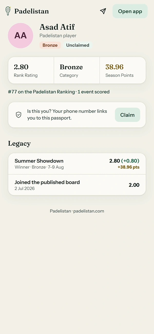 A Player Passport in the app: Rank Rating 2.80, Bronze, Summer Showdown winner